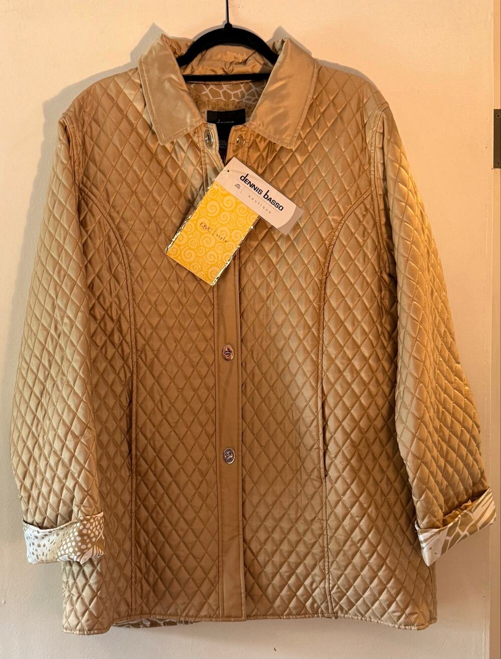 NWT Dennis Basso Silk Quilted Turn Lock Jacket Champagne Gold L